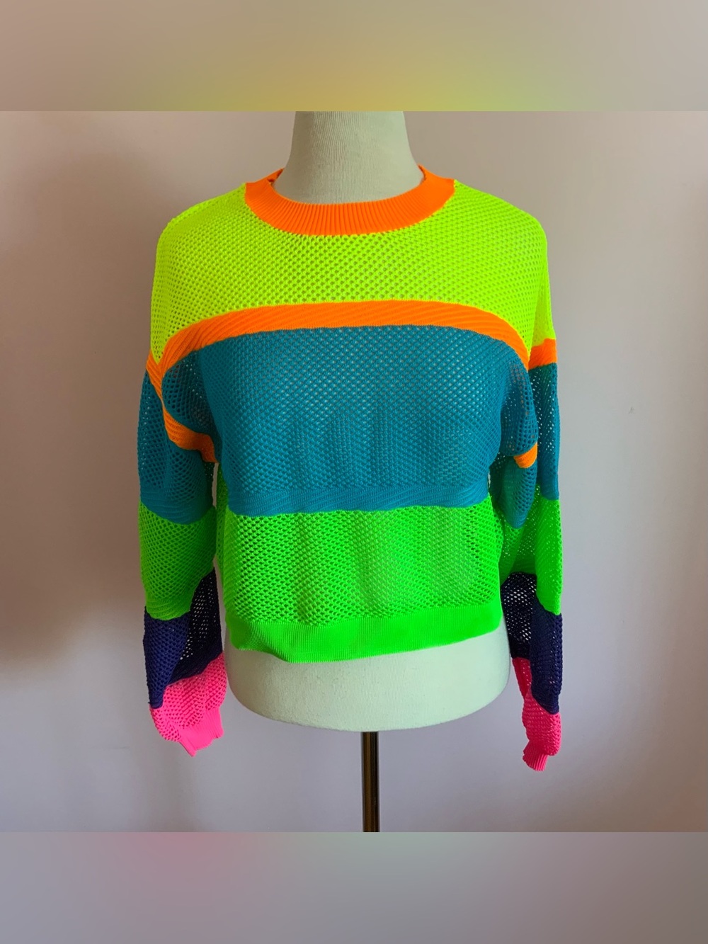 Love Moschino Neon Colorblock Cropped Mesh Crewneck Sweater